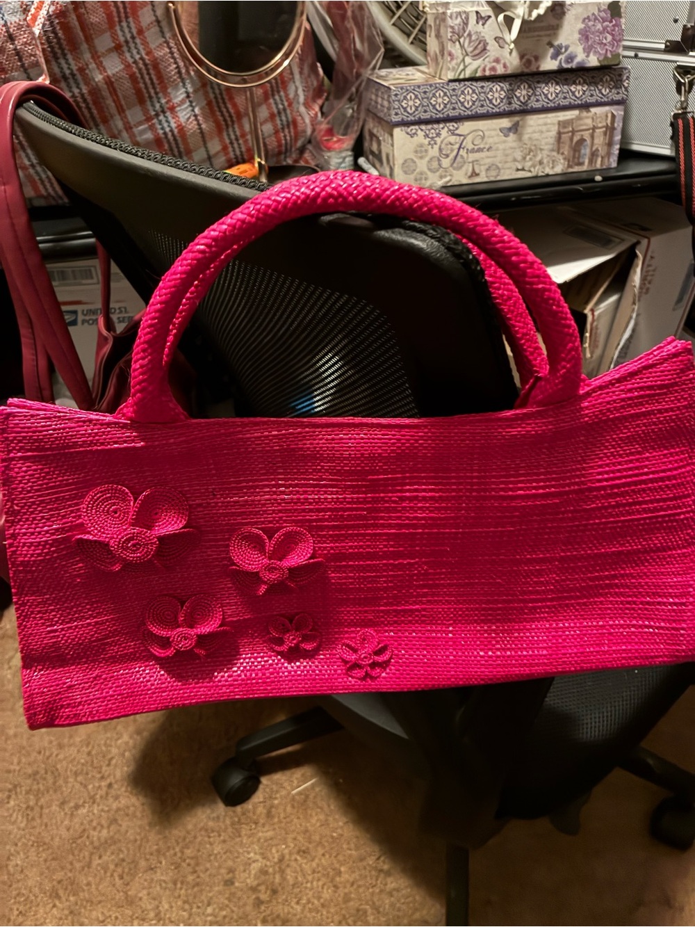 Bright Pink Woven Tote with Floral Appliqué